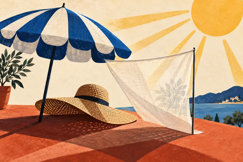 Ilustração de um sol, um chapéu e uma cobertura de sombra sobre formas de papel colorido.